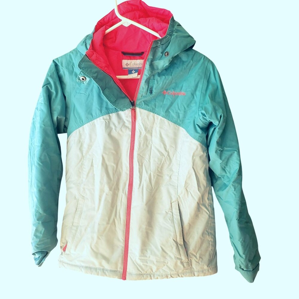 Columbia Girls LG  / Women's Small Jacket Large Teal Pink Hooded Full Zip Coat